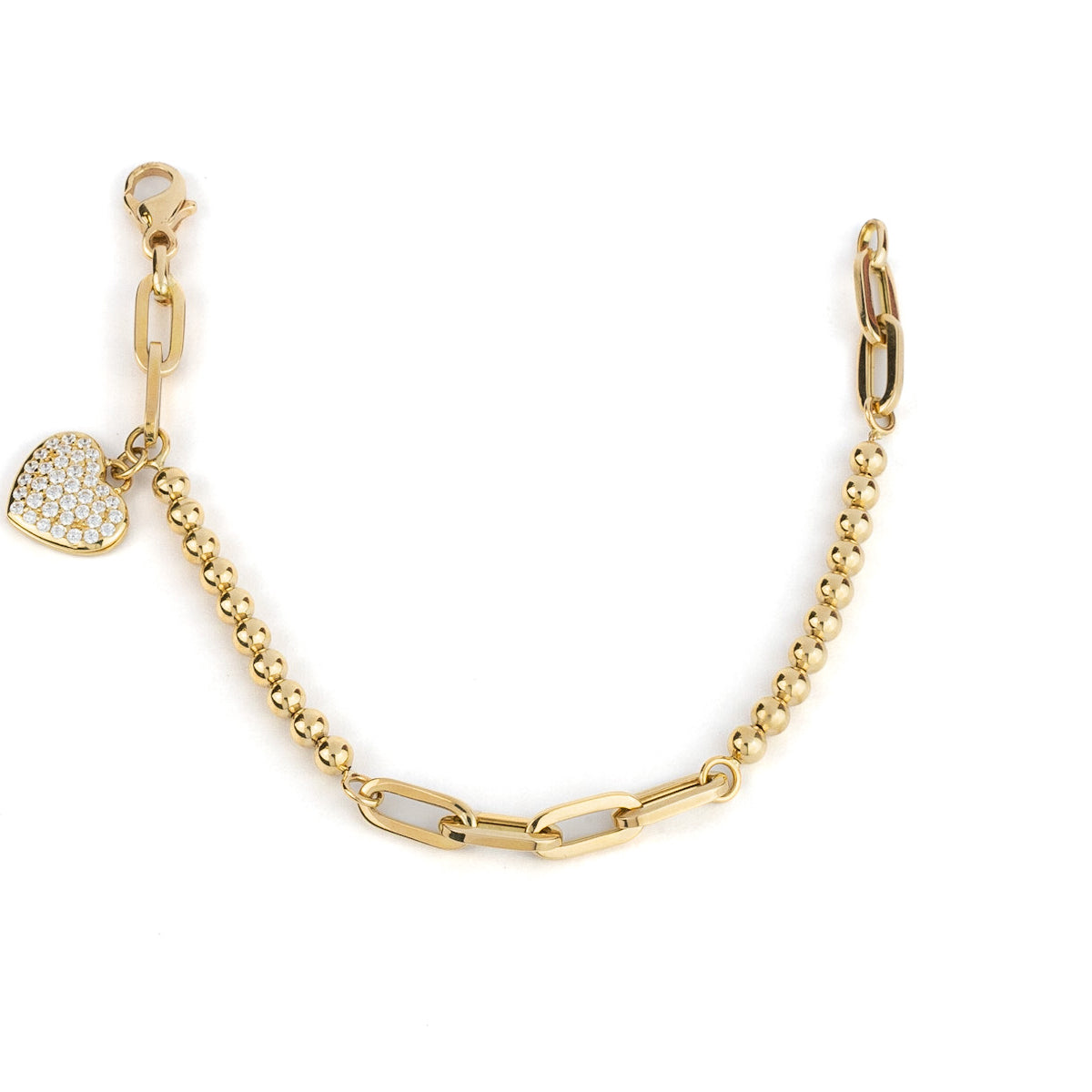 18K Gold Paper Clip, Balls & Heart Bracelet