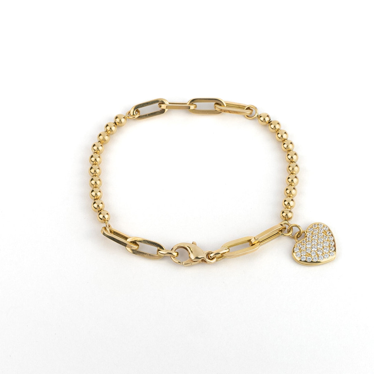 18K Gold Paper Clip, Balls & Heart Bracelet