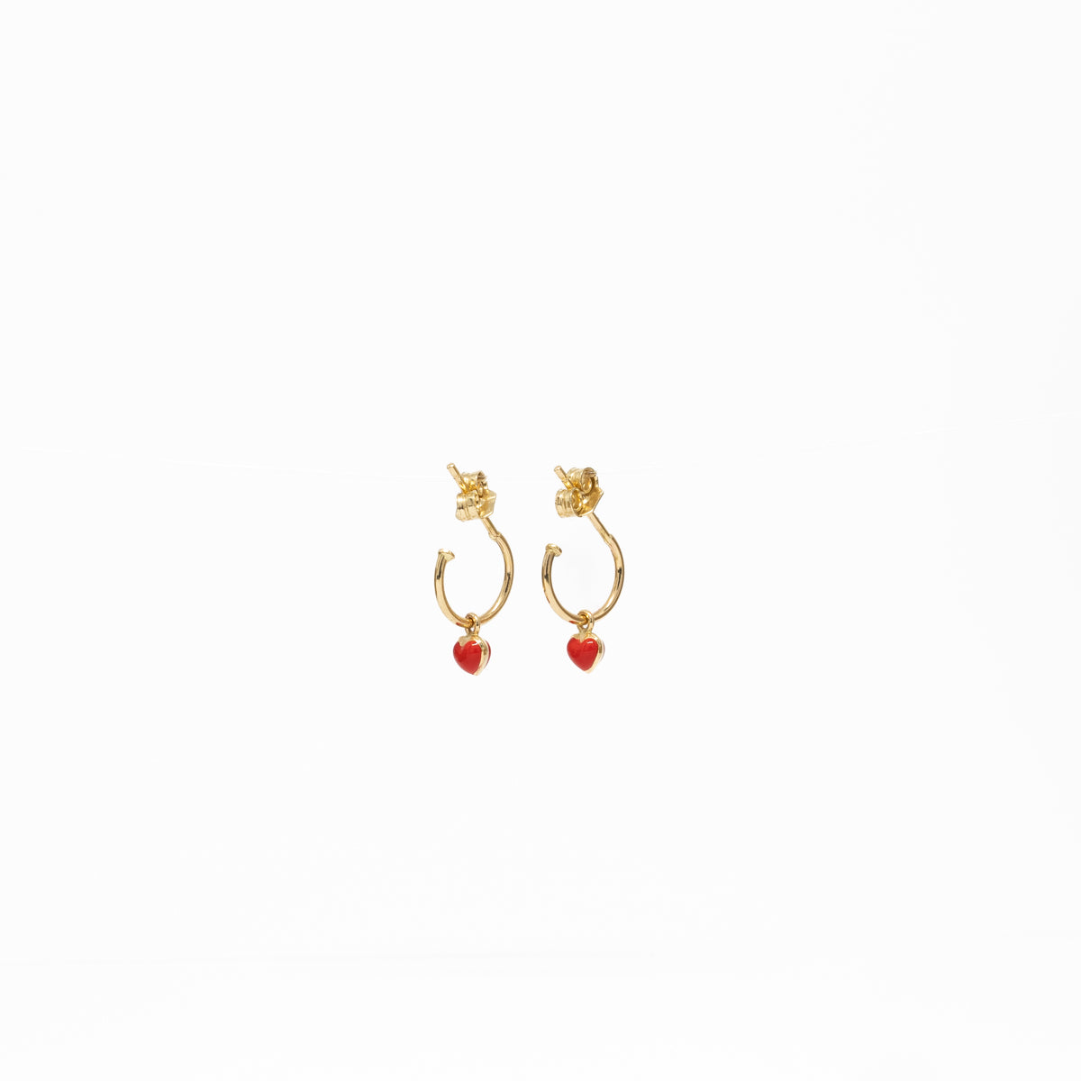 18K Gold Red Heart Hoops