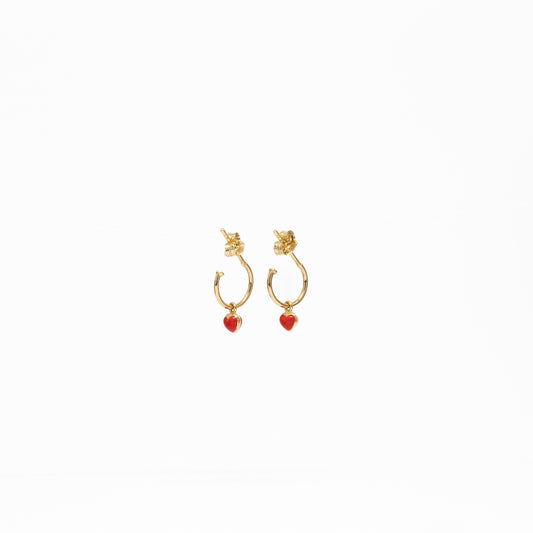 18K Gold Red Heart Hoops